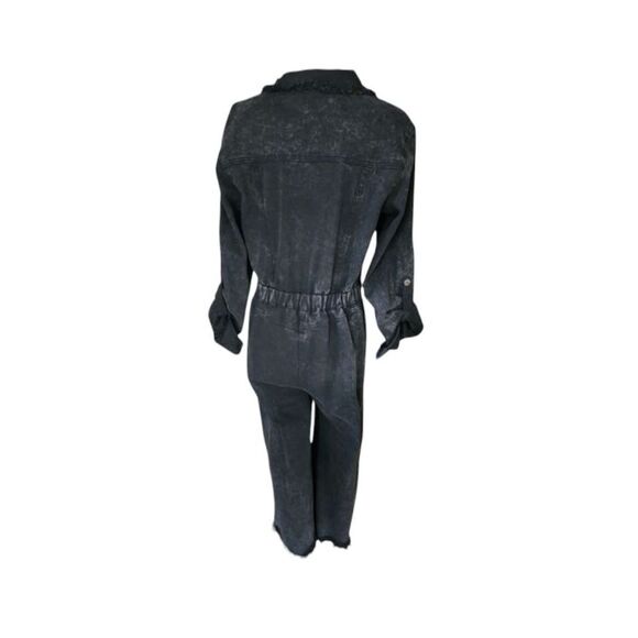 Umgee Denim Roll Tab Mechanic Coveralls Womens M Black Raw Hem Flawed Grunge - Picture 4 of 12